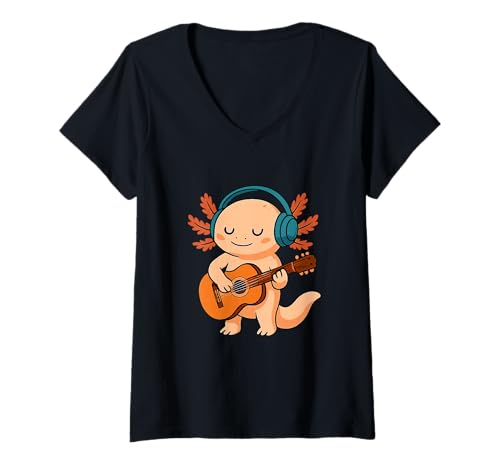 Damen Axolotl Guitar Music Lustiges süßes Kunstwerk T-Shirt mit V-Ausschnitt Damen Axolotl Guitar Music Lustiges süßes Kunstwerk T-Shirt mit V-Ausschnitt von Axolotl Music Lover Funny Art Apparel