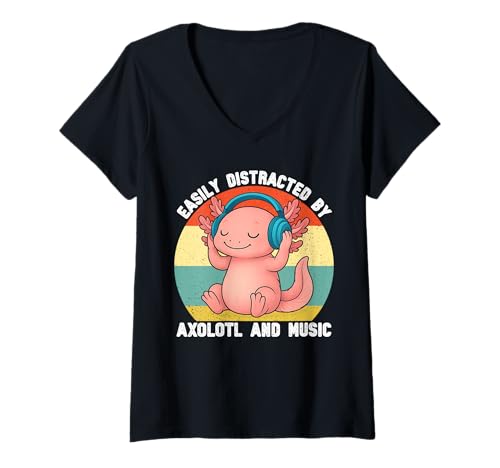 Damen Leicht abgelenkt von Axolotl und Musik für Männer, Kinder, Jungen T-Shirt mit V-Ausschnitt von Axolotl Music Lover for Boys Men Kids