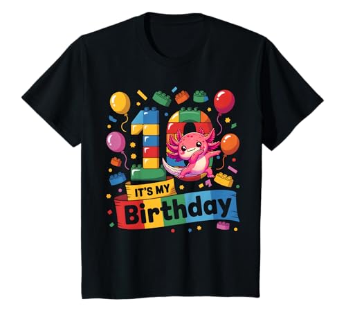 Kinder 10 Jahre alte Baunummernblöcke Axolotl 10. Geburtstag T-Shirt Kinder 10 Jahre alte Baunummernblöcke Axolotl 10. Geburtstag T-Shirt von Axolotl Number Blocks Birthday Theme Party