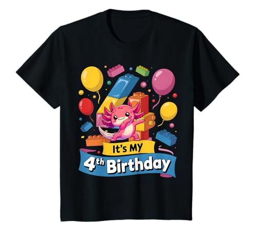 Kinder 4 Jahre alte Baunummernblöcke Cute Axolotl 4. Geburtstag T-Shirt Kinder 4 Jahre alte Baunummernblöcke Cute Axolotl 4. Geburtstag T-Shirt von Axolotl Number Blocks Birthday Theme Party