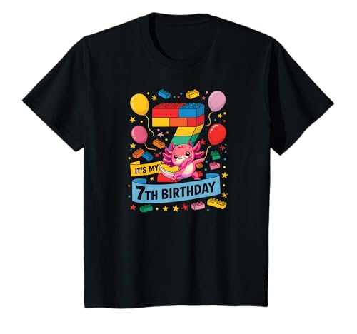 Kinder 7 Jahre alte Baunummernblöcke Niedlich Axolotl 7. Geburtstag T-Shirt Kinder 7 Jahre alte Baunummernblöcke Niedlich Axolotl 7. Geburtstag T-Shirt von Axolotl Number Blocks Birthday Theme Party
