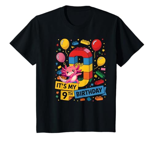 Kinder 9 Jahre alte Baunummernblöcke Niedlich Axolotl 9. Geburtstag T-Shirt Kinder 9 Jahre alte Baunummernblöcke Niedlich Axolotl 9. Geburtstag T-Shirt von Axolotl Number Blocks Birthday Theme Party