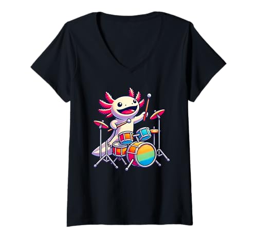 Damen Axolotl Playing Drums Axolotls Drummer Music T-Shirt mit V-Ausschnitt Damen Axolotl Playing Drums Axolotls Drummer Music T-Shirt mit V-Ausschnitt von Axolotl Playing Drums Axolotl Lover Apparel