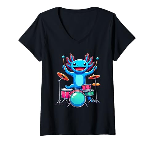 Damen Axolotl Playing Drums Axolotls Drummer Music T-Shirt mit V-Ausschnitt Damen Axolotl Playing Drums Axolotls Drummer Music T-Shirt mit V-Ausschnitt von Axolotl Playing Drums Axolotl Lover Apparel