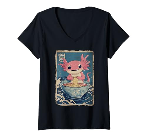 Damen Cute Axolotl Eating Ramen Vintage T-Shirt mit V-Ausschnitt Damen Cute Axolotl Eating Ramen Vintage T-Shirt mit V-Ausschnitt von Axolotl Ramen Japan Japanische Nudeln Kawaii
