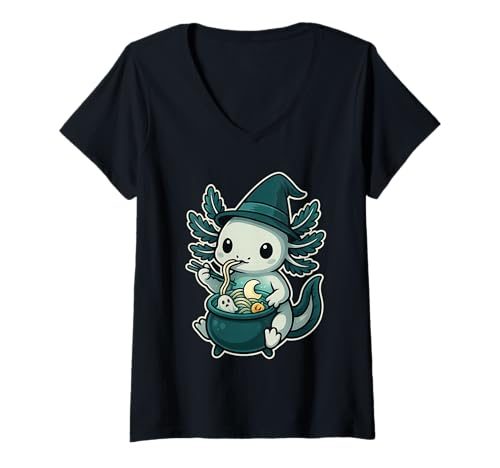 Damen Hexen Axolotl Ramen im Kessel Kawaii Halloween T-Shirt mit V-Ausschnitt von Axolotl Ramen Nudeln Hexe Kawaii Halloween