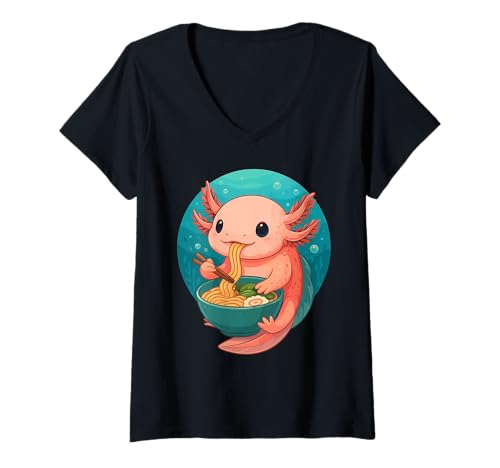 Damen Axolotl isst Ramen Nudeln Japanisches Vintage T-Shirt mit V-Ausschnitt von Axolotl Ramen Nudeln Retro Kawaii Shop