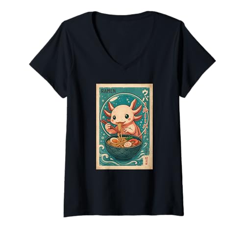 Damen Axolotl isst Ramen Nudeln Japanisches Vintage T-Shirt mit V-Ausschnitt von Axolotl Ramen Nudeln Retro Kawaii Shop