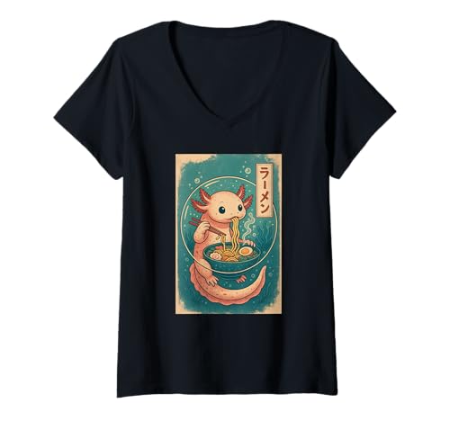Damen Axolotl isst Ramen Nudeln Japanisches Vintage T-Shirt mit V-Ausschnitt von Axolotl Ramen Nudeln Retro Kawaii Shop