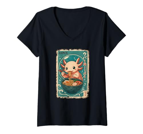 Damen Axolotl isst Ramen Nudeln Japanisches Vintage T-Shirt mit V-Ausschnitt von Axolotl Ramen Nudeln Retro Kawaii Shop