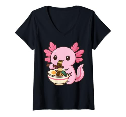 Damen Axolotl Isst Ramen Kawaii T-Shirt mit V-Ausschnitt Damen Axolotl Isst Ramen Kawaii T-Shirt mit V-Ausschnitt von Axolotl Ramen Süßer Axolotl Japanische Nudeln