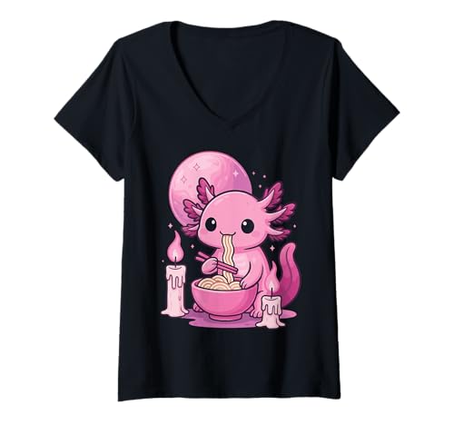 Damen Axolotl Isst Ramen Kawaii T-Shirt mit V-Ausschnitt Damen Axolotl Isst Ramen Kawaii T-Shirt mit V-Ausschnitt von Axolotl Ramen Süßer Axolotl Japanische Nudeln