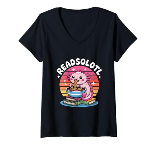Damen Axolotl Ramen Readsolotl Kawaii Bücherwurm T-Shirt mit V-Ausschnitt von Axolotl Reading Books Men Women Boys Girls Kids