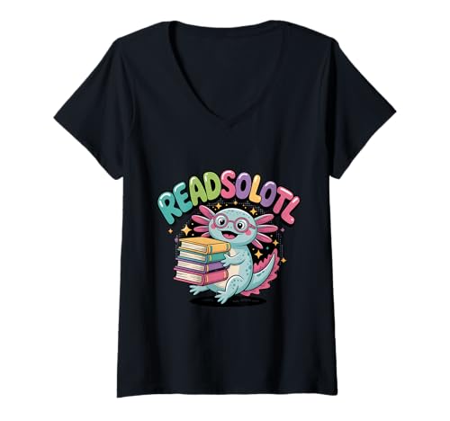 Damen Bunte Readsolotl Kawaii Axolotl Bibliothek Lustige Bücher T-Shirt mit V-Ausschnitt von Axolotl Reading Books Men Women Boys Girls Kids