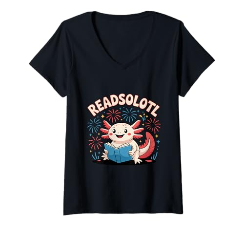 Damen Kawaii Axolotl Buchliebhaber Süße lustige Lektüre Readsolotl T-Shirt mit V-Ausschnitt von Axolotl Reading Books Men Women Boys Girls Kids