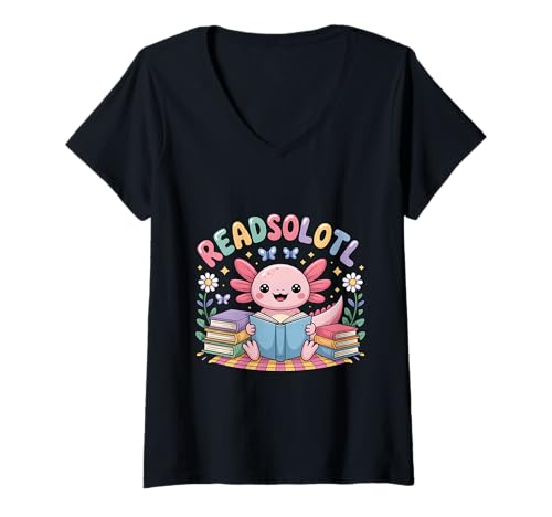 Damen Niedlicher Readsolotl Kawaii Bücherwurm Axolotl Floral Funny Reading T-Shirt mit V-Ausschnitt von Axolotl Reading Books Men Women Boys Girls Kids