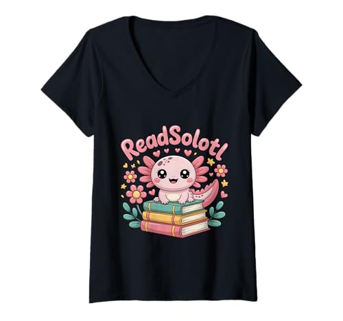 Damen Niedlicher floraler Readsolotl Kawaii Bücherwurm Axolotl T-Shirt mit V-Ausschnitt von Axolotl Reading Books Men Women Boys Girls Kids