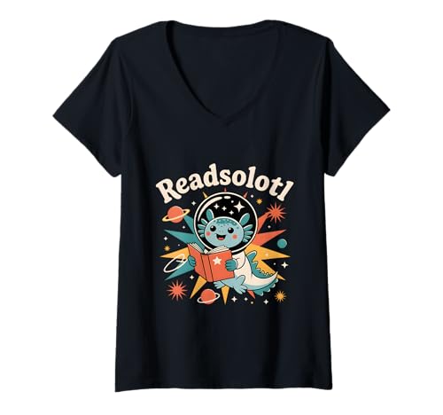 Damen Outerspace Readsolotl Kawaii Astronaut Axolotl Cute T-Shirt mit V-Ausschnitt von Axolotl Reading Books Men Women Boys Girls Kids