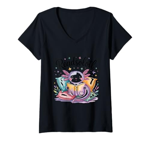 Damen Readsolotl Aquarell Kawaii Axolotl Cute T-Shirt mit V-Ausschnitt von Axolotl Reading Books Men Women Boys Girls Kids