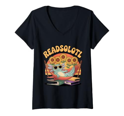 Damen Readsolotl Axolotl Bücherwurm Kawaii Leseliebhaber mit Blumenmuster, niedlich T-Shirt mit V-Ausschnitt von Axolotl Reading Books Men Women Boys Girls Kids