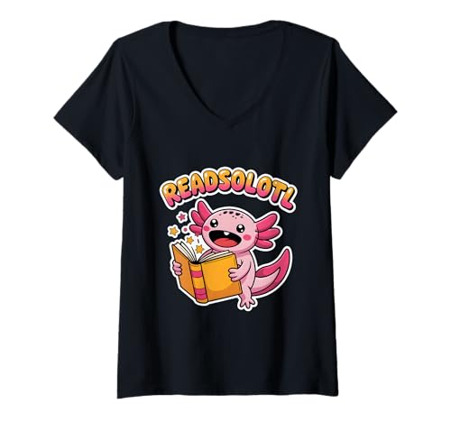 Damen Readsolotl Book Lover Funny Pink Kawaii Axolotl T-Shirt mit V-Ausschnitt von Axolotl Reading Books Men Women Boys Girls Kids