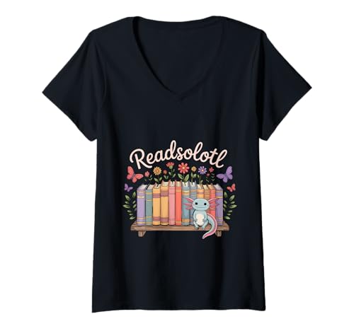 Damen Readsolotl Bücherregal Bücherwurm Axolotl Bibliothek T-Shirt mit V-Ausschnitt von Axolotl Reading Books Men Women Boys Girls Kids