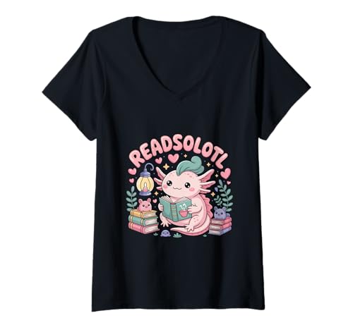 Damen Readsolotl Kawaii Axolotl Süßer Buchliebhaber, der Blumen liest T-Shirt mit V-Ausschnitt von Axolotl Reading Books Men Women Boys Girls Kids
