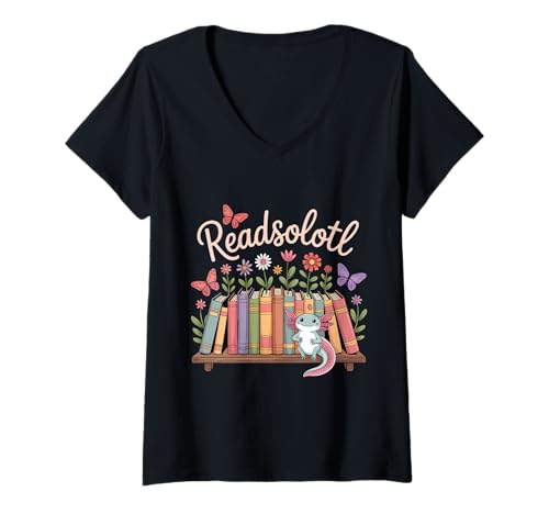 Damen Readsolotl Kawaii Bibliothekar Bücherwurm Axolotl Leseliebhaber T-Shirt mit V-Ausschnitt von Axolotl Reading Books Men Women Boys Girls Kids