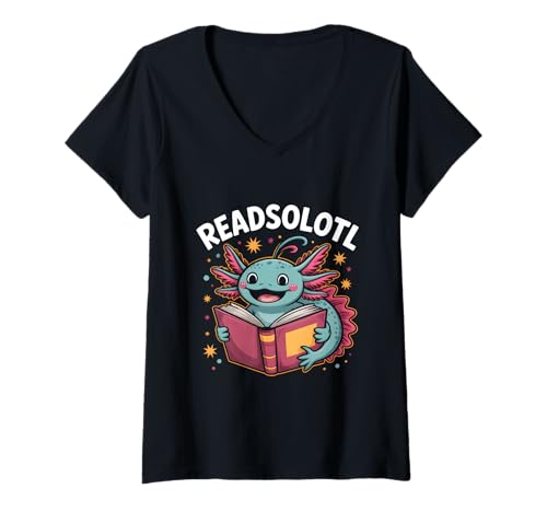 Damen Readsolotl Kawaii Blue Axolotl Süßer Buchliebhaber Lustiges Lesen T-Shirt mit V-Ausschnitt von Axolotl Reading Books Men Women Boys Girls Kids
