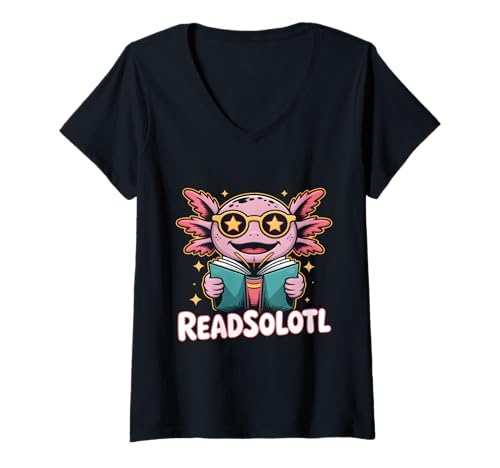 Damen Readsolotl Kawaii Bookworm Cute Axolotl Lustiges Lesen T-Shirt mit V-Ausschnitt von Axolotl Reading Books Men Women Boys Girls Kids