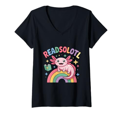 Damen Readsolotl Kawaii Bookworm Rainbow Reading Buchliebhaber T-Shirt mit V-Ausschnitt von Axolotl Reading Books Men Women Boys Girls Kids
