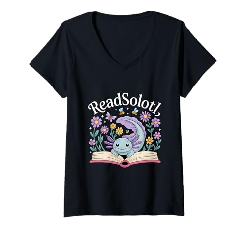 Damen Readsolotl Kawaii Floral Bookworm Axolotl Süßes Blumenbuch T-Shirt mit V-Ausschnitt von Axolotl Reading Books Men Women Boys Girls Kids