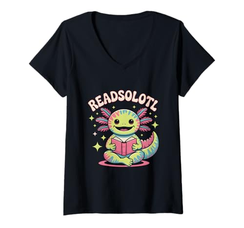 Damen Readsolotl Kawaii Grüner Axolotl Bücherwurm Buchliebhaber Lesen T-Shirt mit V-Ausschnitt von Axolotl Reading Books Men Women Boys Girls Kids