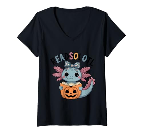 Damen Readsolotl Kawaii Halloween Axolotl Buchliebhaber Lesebuch T-Shirt mit V-Ausschnitt von Axolotl Reading Books Men Women Boys Girls Kids