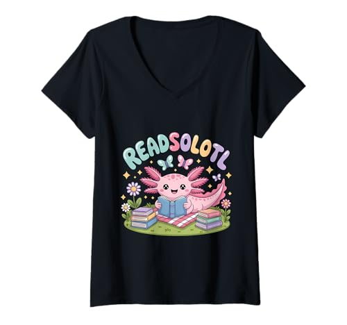 Damen Readsolotl Kawaii Pink Axolotl Lesewurm Funny T-Shirt mit V-Ausschnitt von Axolotl Reading Books Men Women Boys Girls Kids