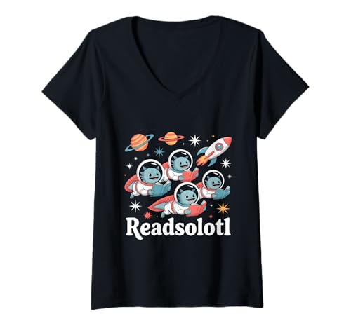 Damen Readsolotl Kawaii Space Science Bücherwurm Axolotl T-Shirt mit V-Ausschnitt von Axolotl Reading Books Men Women Boys Girls Kids