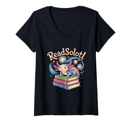 Damen Van Gogh Axolotl Book Lover Funny Readsolotl Kawaii T-Shirt mit V-Ausschnitt von Axolotl Reading Books Men Women Boys Girls Kids