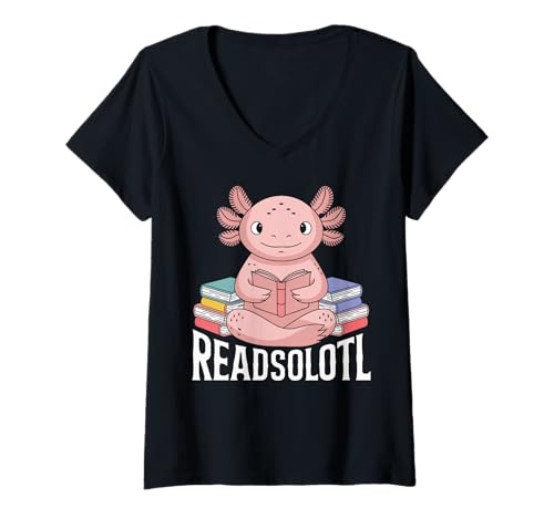Damen Readsolotl Cute Axolotl Reading Books Funny T-Shirt mit V-Ausschnitt von Axolotl Reading Enthusiasts and Bookworms