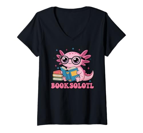 Damen Booksolotl Niedliches Axolotl Lesebuch Liebhaber Nerdy Design T-Shirt mit V-Ausschnitt Damen Booksolotl Niedliches Axolotl Lesebuch Liebhaber Nerdy Design T-Shirt mit V-Ausschnitt von Axolotl Reading Readsalotl Bookworm Cute Nerd