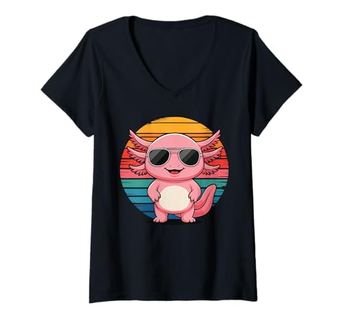 Damen Retro Axolotl mit Sonnenbrille Axolotl Vintage Style T-Shirt mit V-Ausschnitt von Axolotl Retro Style Design