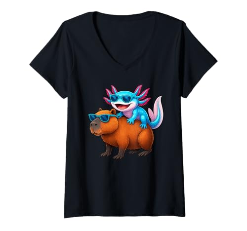 Damen Capybara & Axolotl Retro Herren Damen Kinder T-Shirt mit V-Ausschnitt von Axolotl Riding Capybara Tee for women kids & men