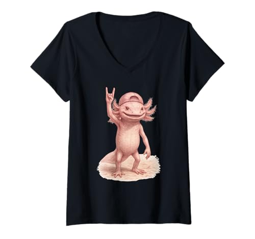 Damen Axolotl Festival Band Cool Axolotl Retro Rock Musik Lover T-Shirt mit V-Ausschnitt von Axolotl Rock For Ever Cool Reptile Concert Outfit