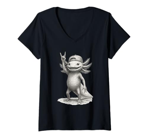 Damen Axolotl Festival Band Cool Axolotl Retro Rock Musik Lover T-Shirt mit V-Ausschnitt von Axolotl Rock For Ever Cool Reptile Concert Outfit