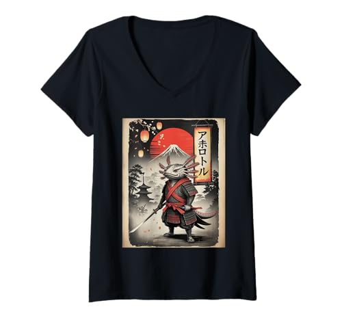 Damen Axolotl Samurai Japanisch Ukiyo-e Art Art Funny Japan T-Shirt mit V-Ausschnitt von Axolotl Samurai Japanese Art Men Women Kids