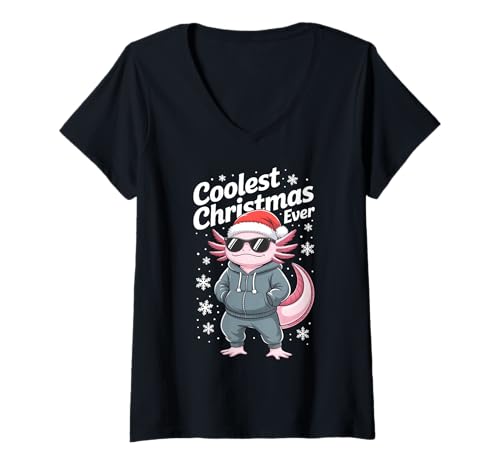 Damen Axolotl in Sonnenbrille Cool Christmas T-Shirt mit V-Ausschnitt Damen Axolotl in Sonnenbrille Cool Christmas T-Shirt mit V-Ausschnitt von Axolotl Santa Christmas Pajamas