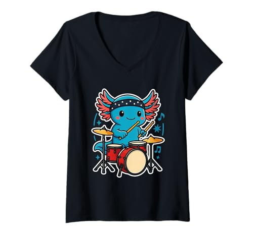Damen Kawaii Axolotl Schlagzeuger mit Drumset Süße Rock Musik T-Shirt mit V-Ausschnitt von Axolotl Schlagzeug Kawaii Musik Geschenke