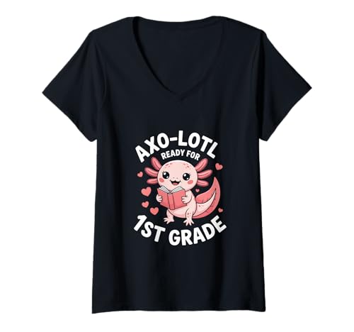 Damen AXO Lotl Ready for 1st Grade Schulanfang Erstklassig T-Shirt mit V-Ausschnitt Damen AXO Lotl Ready for 1st Grade Schulanfang Erstklassig T-Shirt mit V-Ausschnitt von Axolotl Schulanfang Einschulung 1 Klasse