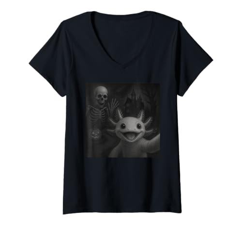 Damen Axolotl Selfie with Skeleton Halloween Funny T-Shirt mit V-Ausschnitt Damen Axolotl Selfie with Skeleton Halloween Funny T-Shirt mit V-Ausschnitt von Axolotl Selfie With Skeleton Funny Apparel