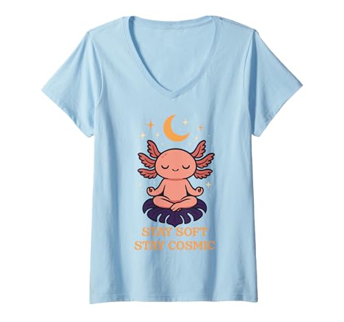 Damen Axolotl meditierend mit Lotus Kawaii Achtsamkeit für Yoga T-Shirt mit V-Ausschnitt von Axolotl Vibes by Christine-Krahl