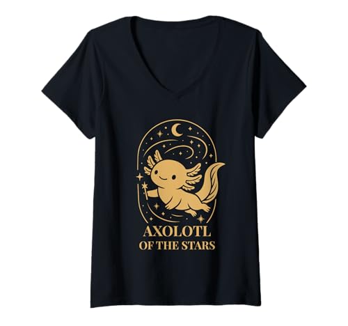 Damen Axolotl of The Stars Magisches Tier mit Sternen und Mond T-Shirt mit V-Ausschnitt Damen Axolotl of The Stars Magisches Tier mit Sternen und Mond T-Shirt mit V-Ausschnitt von Axolotl Vibes by Christine-Krahl